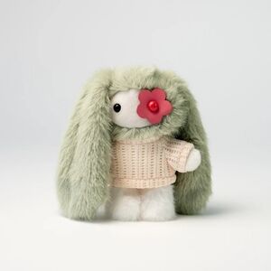 Plush Bunny Toy with Green Ears and Cream Sweater